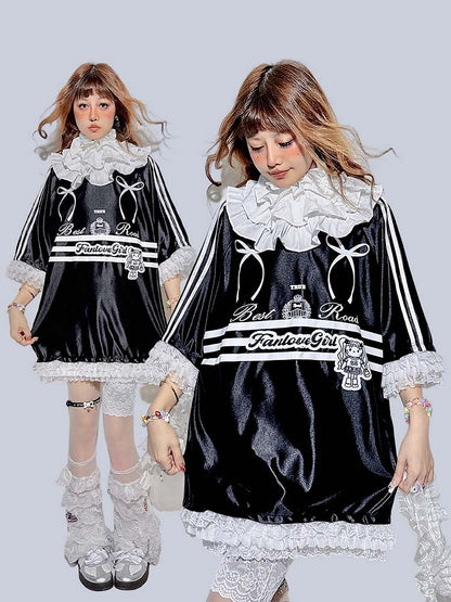 Top Bowknots Tiered Sleeve with and Collar Short Jersey-Style Black Detachable