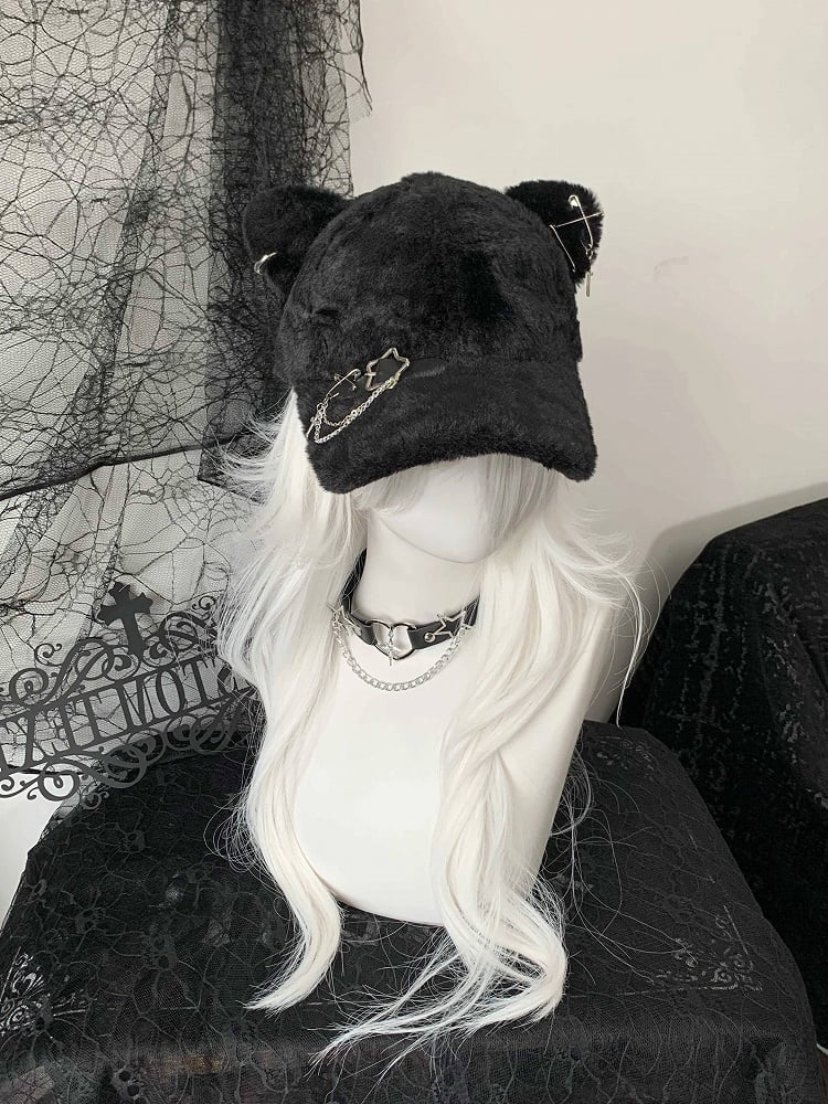 Punk - Cat-Ear Detail Japanese with Cap Cute Baseball Black Style Chain