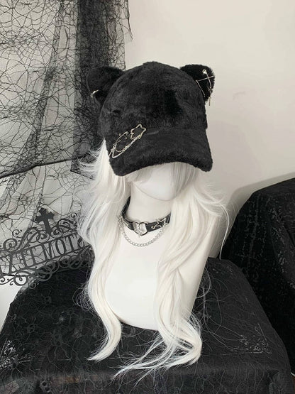 Punk - Cat-Ear Detail Japanese with Cap Cute Baseball Black Style Chain