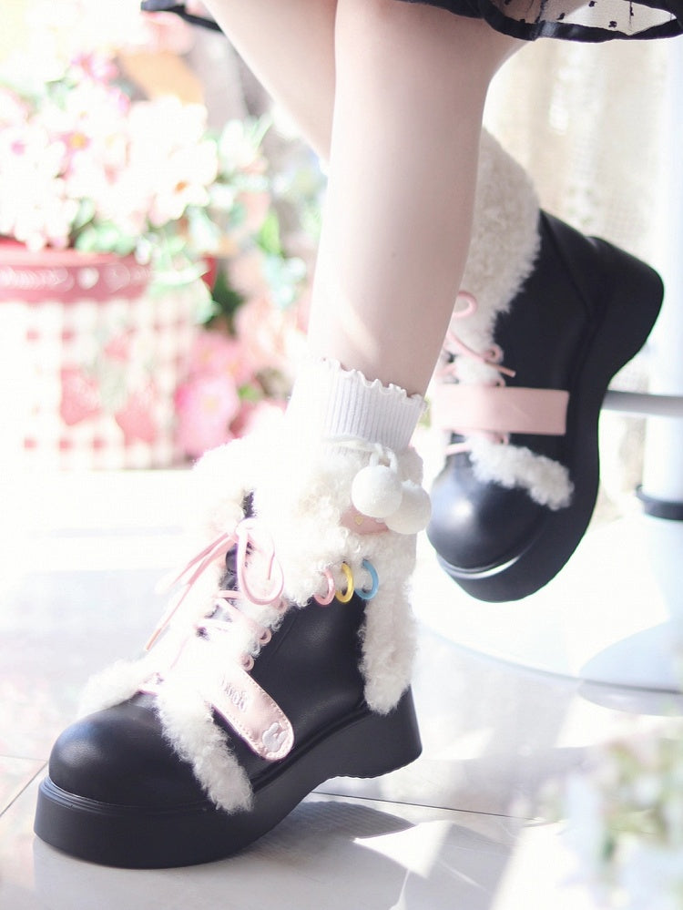 Thick Plush Lolita Closure System Decor Black Dual Boots in Rabbit Sweet with Sole Snow