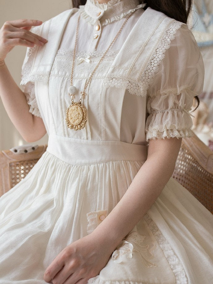 Accent and Pocket Overall Beige Dress Sailor Trim Lace Lolita with