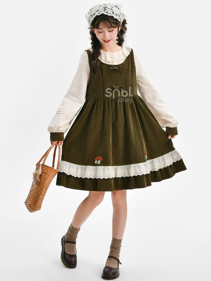 Green Mori Kei Bowknot Details Corduroy Overall Dress