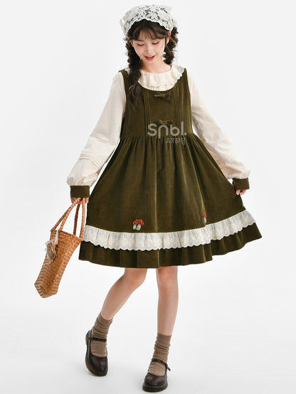 Green Mori Kei Bowknot Details Corduroy Overall Dress