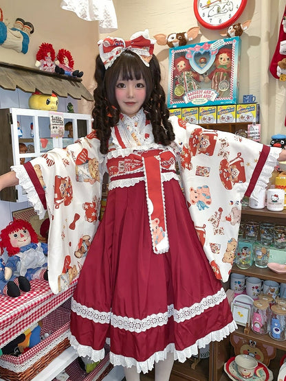 + Design Print Trimmed Set Wa Lolita Bear Beige Lace Top Crossover Dress JSK Red