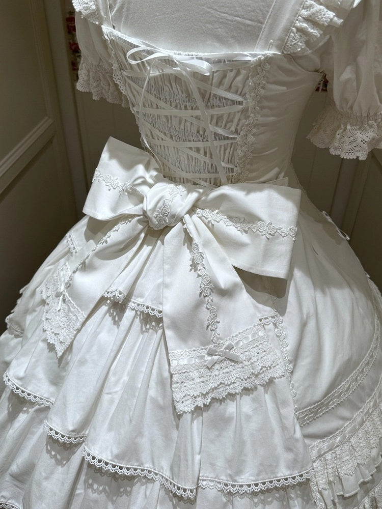 Snowfall-White Cotton JSK Dress with Ruffle and Bow Details