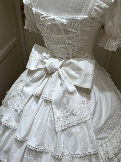 Snowfall-White Cotton JSK Dress with Ruffle and Bow Details