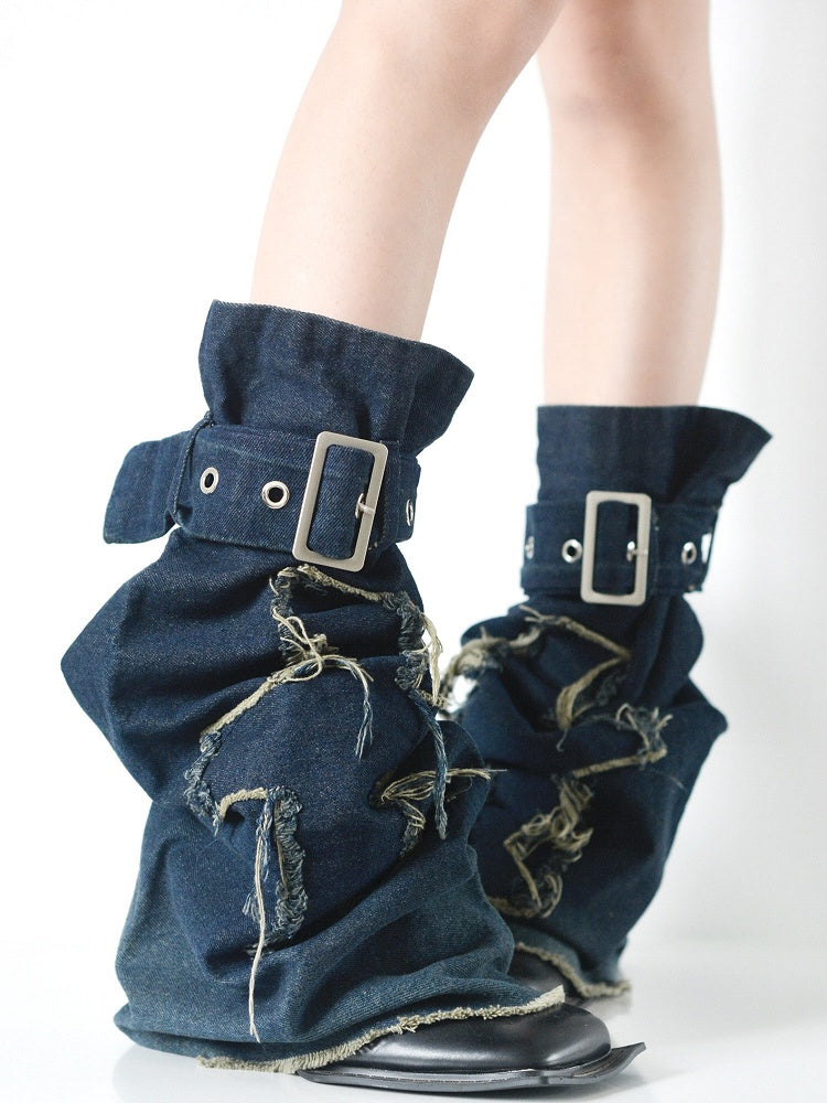 Denim Dark Applique Distressed Straps with Warmers Leg Blue Buckle Cross Y2K