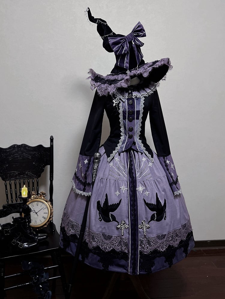 Purple Long Black Skirt Crow Patch Lolita Set + Top Wicthy Gothic