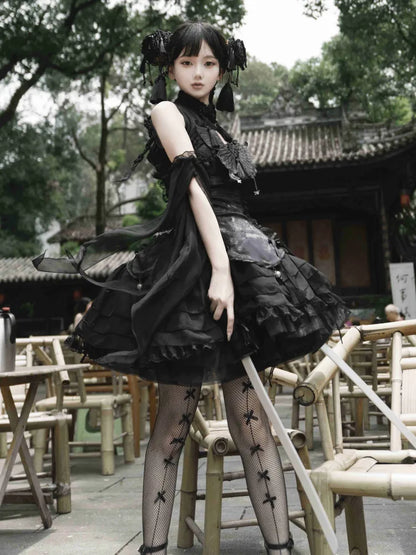 Sleeves Black Butterfly Qi with Theme Lolita Collar Banded Qipao Dress