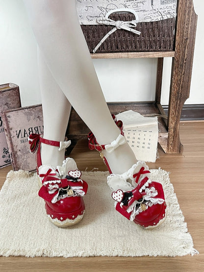 Wine Red Lace Bowknot Platform Shoes with Rabbit Ears - Cheese Mango