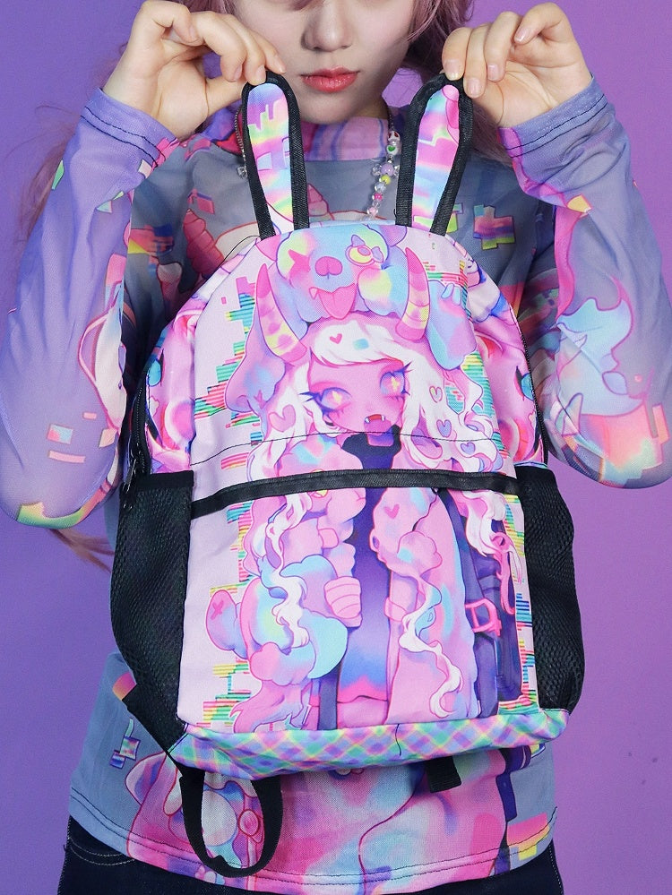 Pink Y2K Backpack with Cartoon Print and Bunny Ear Accents