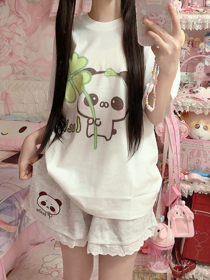 White - Crew Four-leaf with Neck Panda Cotton T-shirt Clover Print