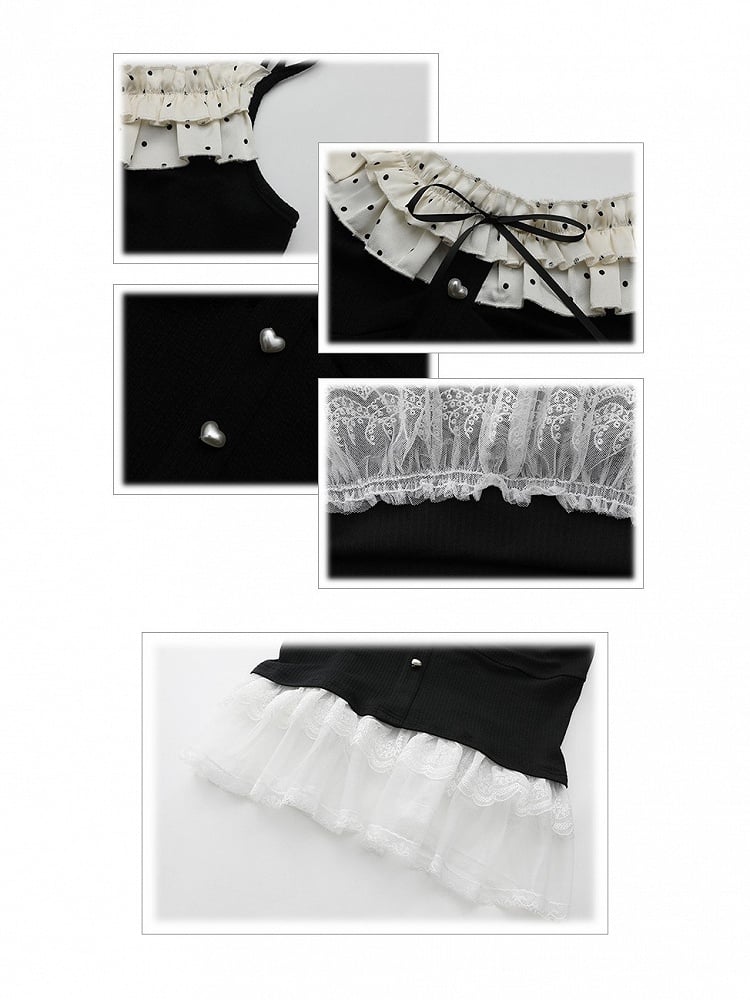 Top Size Hem Knit Polka Ruffle Neckline Black Plus Cami Dot White with Lace