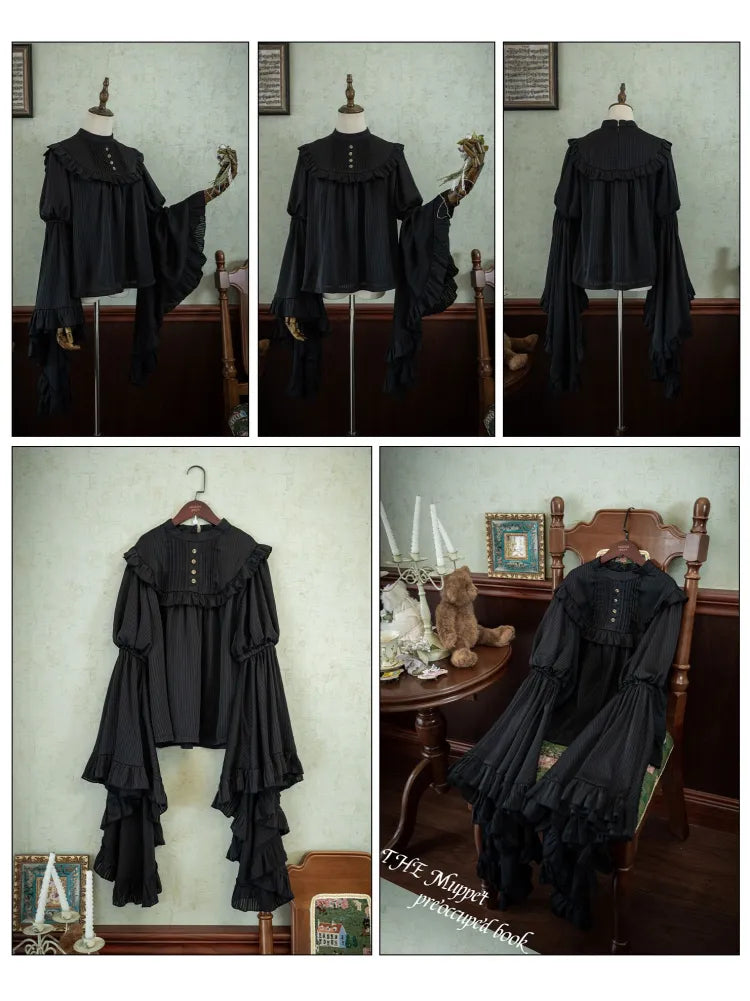Flounce Trim Gothic Black Blouse Bell Sleeves