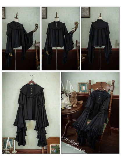 Flounce Trim Gothic Black Blouse Bell Sleeves