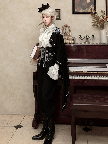 Belt+Black Corset Lolita Pants Pieces Three Prince Shirt+Embroidered Cape Set-One-Shoulder Ouji