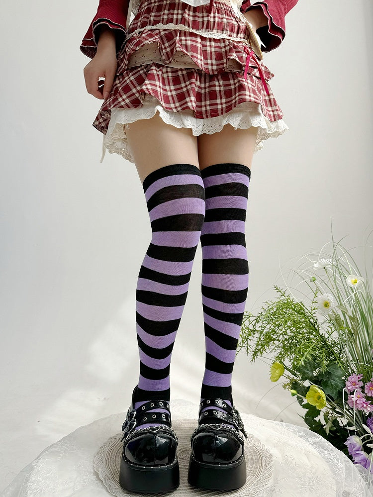 Black&Purple Striped Pattern Lolita Over Knee Stockings