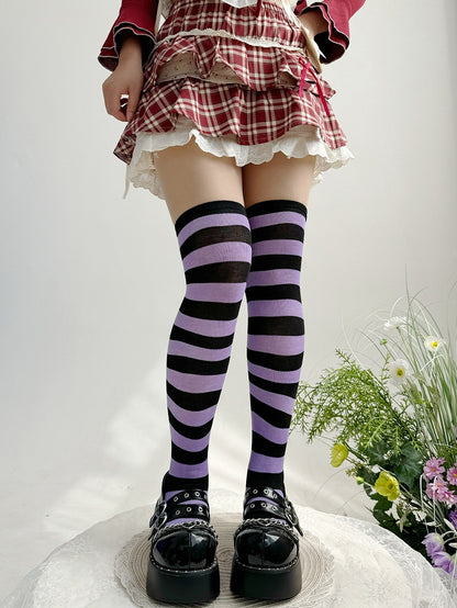 Black&Purple Striped Pattern Lolita Over Knee Stockings