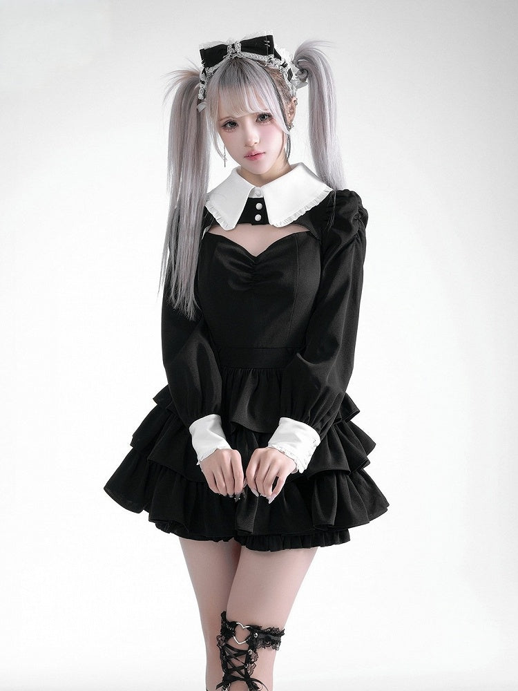 Black White Jirai Kei Collared Tiered Ruffle Dress Shorts Set - Fluffy Heart