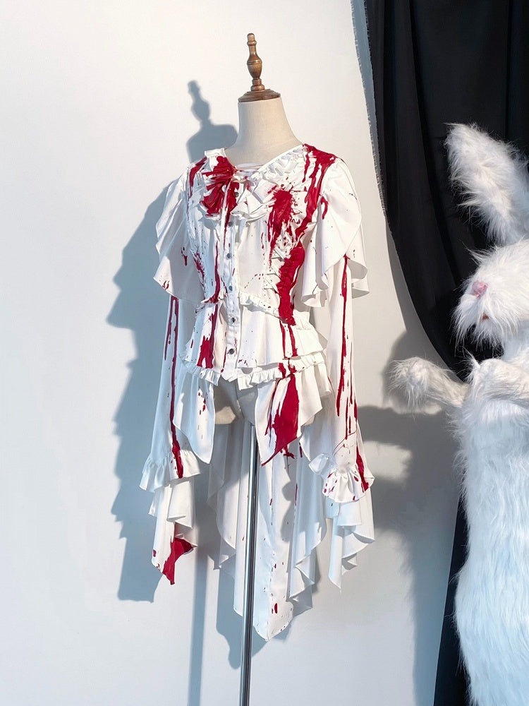 Gothic Ouji Lolita White & Red Bloodstain Ruffled Long Sleeve Shirt with Asymmetric Tail Accents - Tonight's White