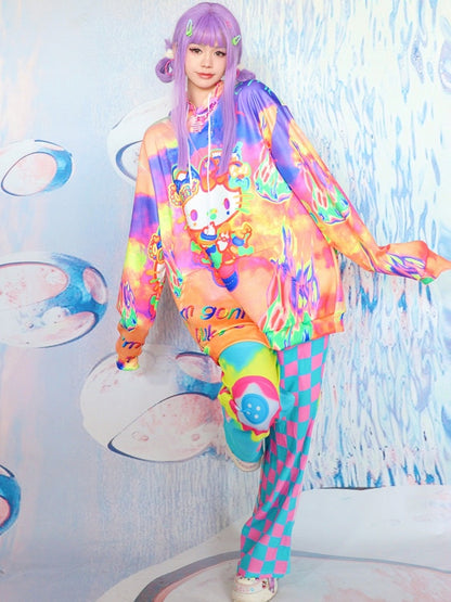 Hoodie mit Buchstaben- und Y2K-Kätzchen-Print Orange Fire