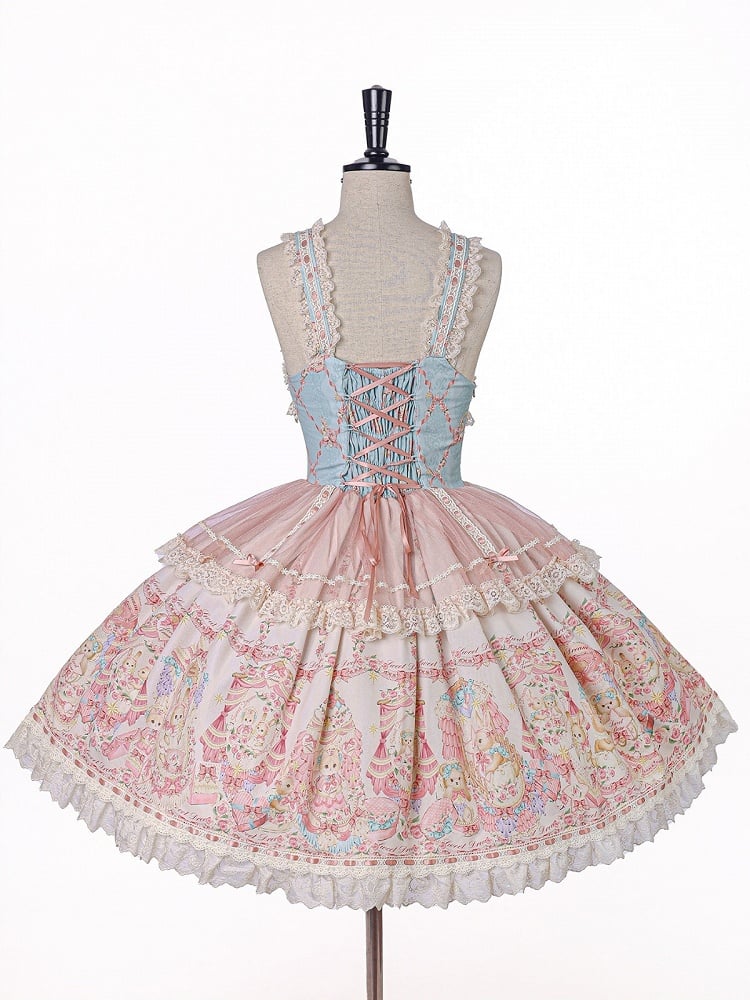 Doll Theme JSK Dress in Blue & Pink with Bow Accents, Lolita Style - Alice Girl