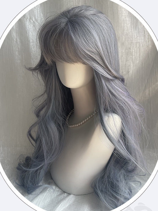 Staubig-lila, hüftlange, gewellte Kunsthaarperücke mit Pony