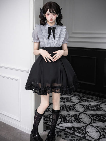 Gray Ruffled Blouse & Black Short Skirt Fake Two Pieces Lolita Dress - With PUJI