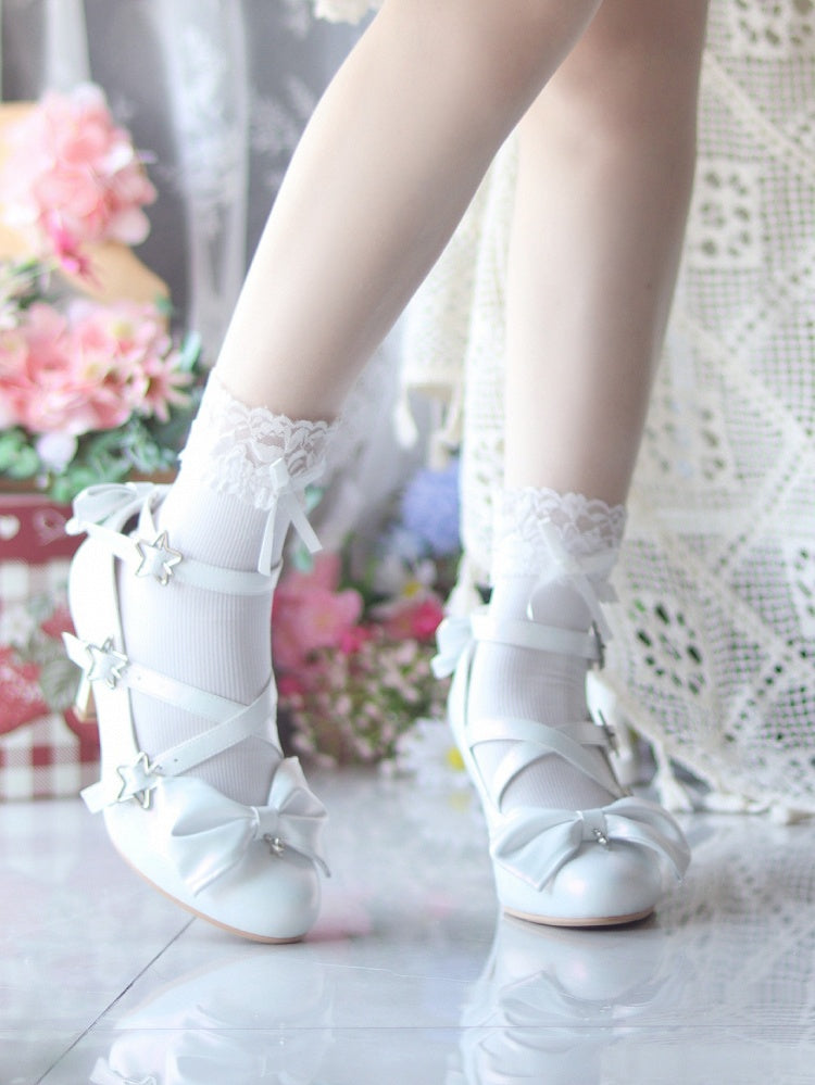 Star High White Sweet Lolita Schnallen Crisscross Straps mit - Akzente Heels Schleife