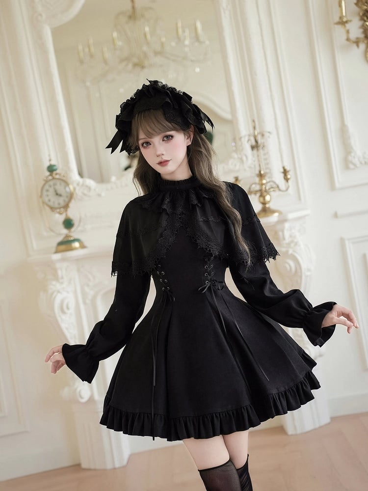 False Jirai Two-Piece Lace-up Black Cape Kei-inspired with Details Dress