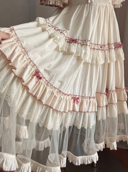 Cream Layered Ruffle High Waist Sweet Lolita Dress with Tulle Hem - Bodhi Original Design