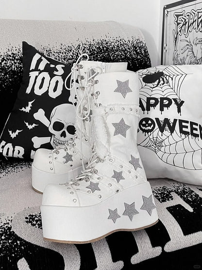 Klobige Plateaustiefel mit glänzender Schrift, weiße Absätze, wadenlang, Schnürung, Gyaru Star