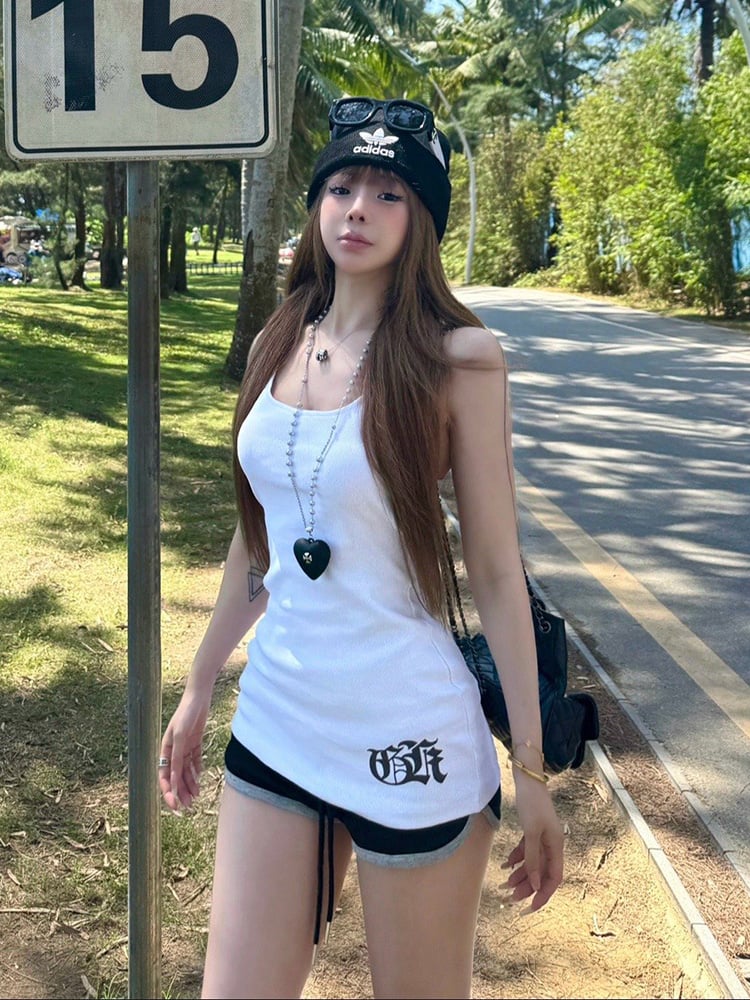 Length Racerback with Top Gothic Tank Print Script White Midi