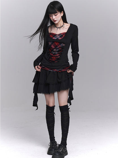 Sweetheart Neckline Distressed Holes Faux Two-pieces Red