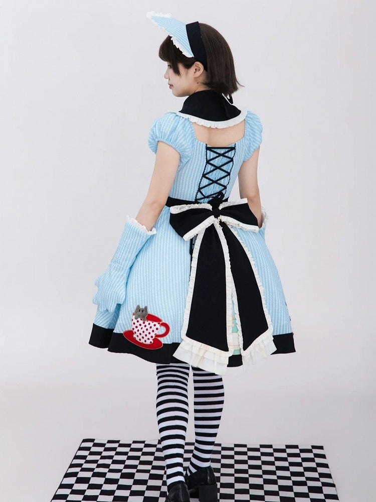 Kawaii Tea Cup Cat Theme Blue & Black Lolita Dress Set with Embroidery & Lace Trim - Rock Candy Box