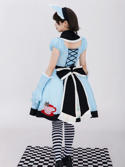 Kawaii Tea Cup Cat Theme Blue & Black Lolita Dress Set with Embroidery & Lace Trim - Rock Candy Box