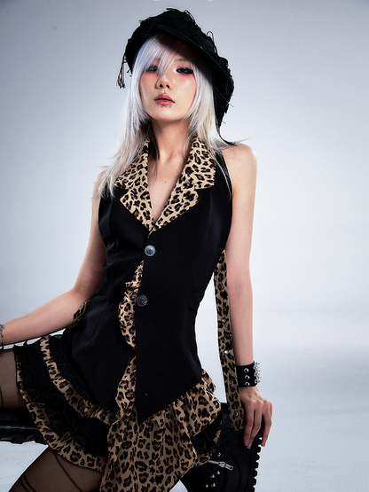 Hem Black Print Asymmetrical with Leopard Top Halter Ruffled Neck Vintage