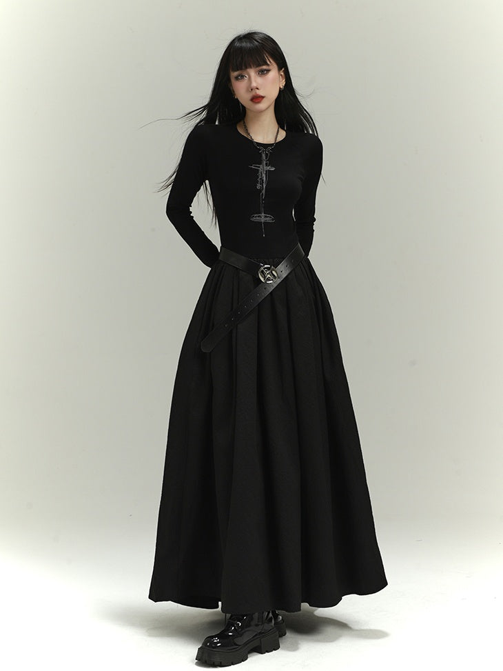 Gothic Black Backless/Covered-Back Round Neck Slim-fitting Dress