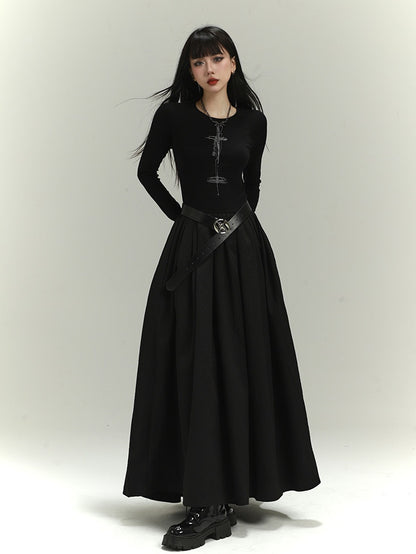 Gothic Black Backless/Covered-Back Round Neck Slim-fitting Dress