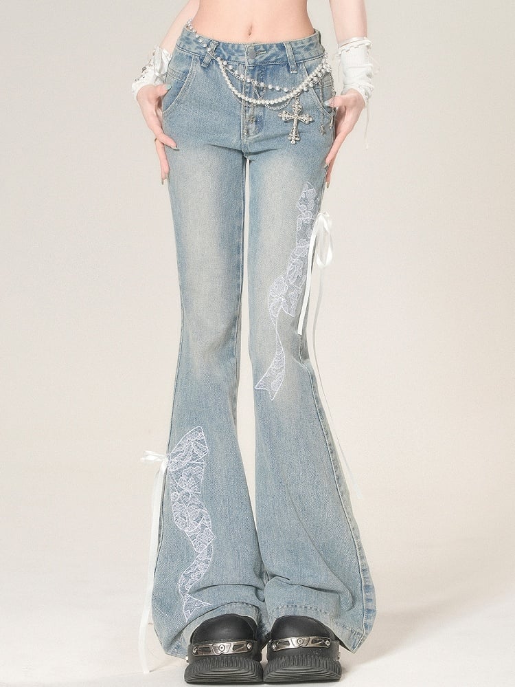 Bowknot Glamouröse Flare Spitze Bestickt Blue Jeans Silhouette