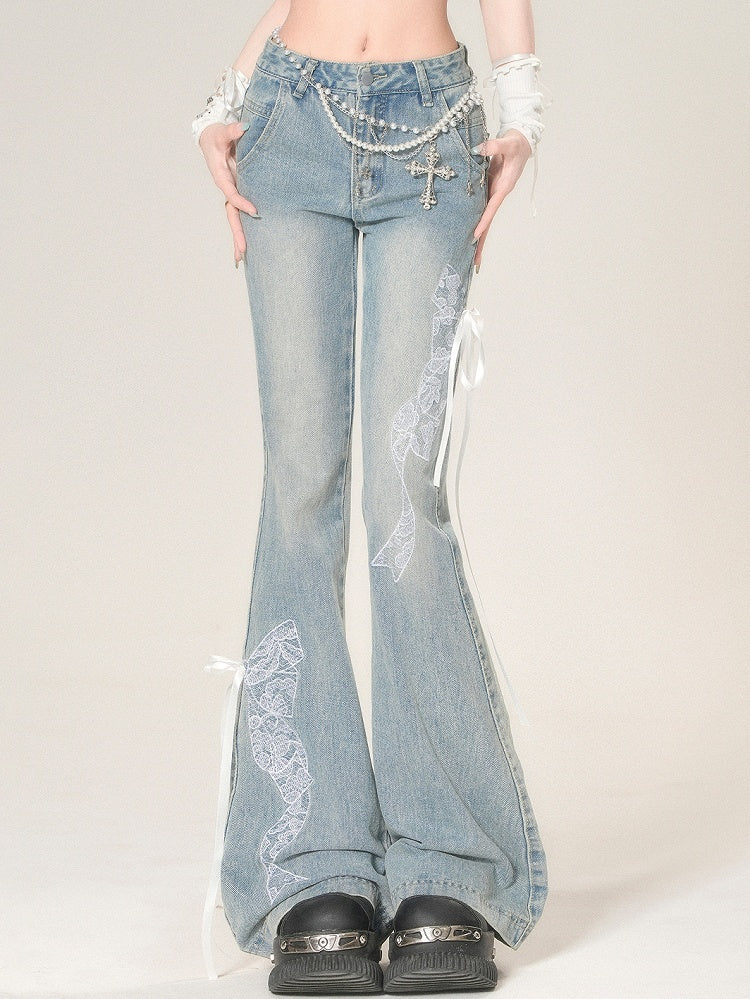 Bowknot Silhouette Flare Embroidered Lace Glamorous Jeans Blue