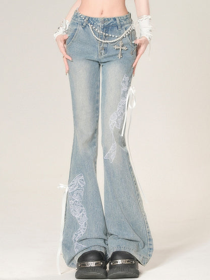 Bowknot Silhouette Flare Embroidered Lace Glamorous Jeans Blue