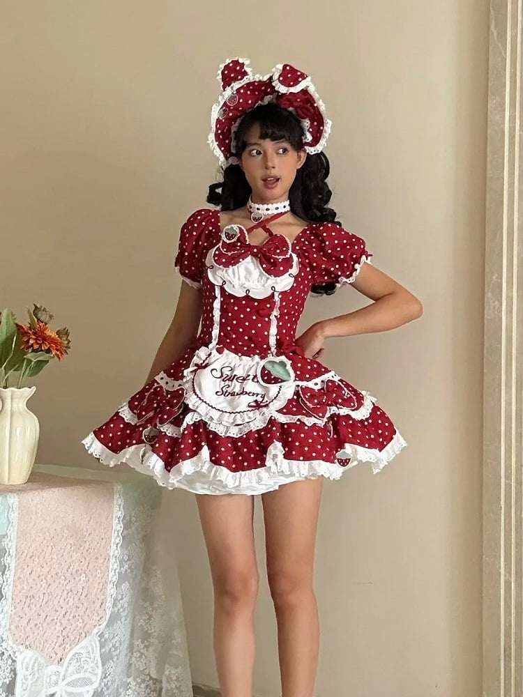 Lace Bow Dress Red Retro Details Dot Themed with Polka OP and Strawberry Lolita