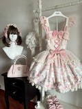 Sweet Bubble JSK Dress with Pink Bunny Cake Print, Lace & Bow Accents - Rose Weaving Poetry