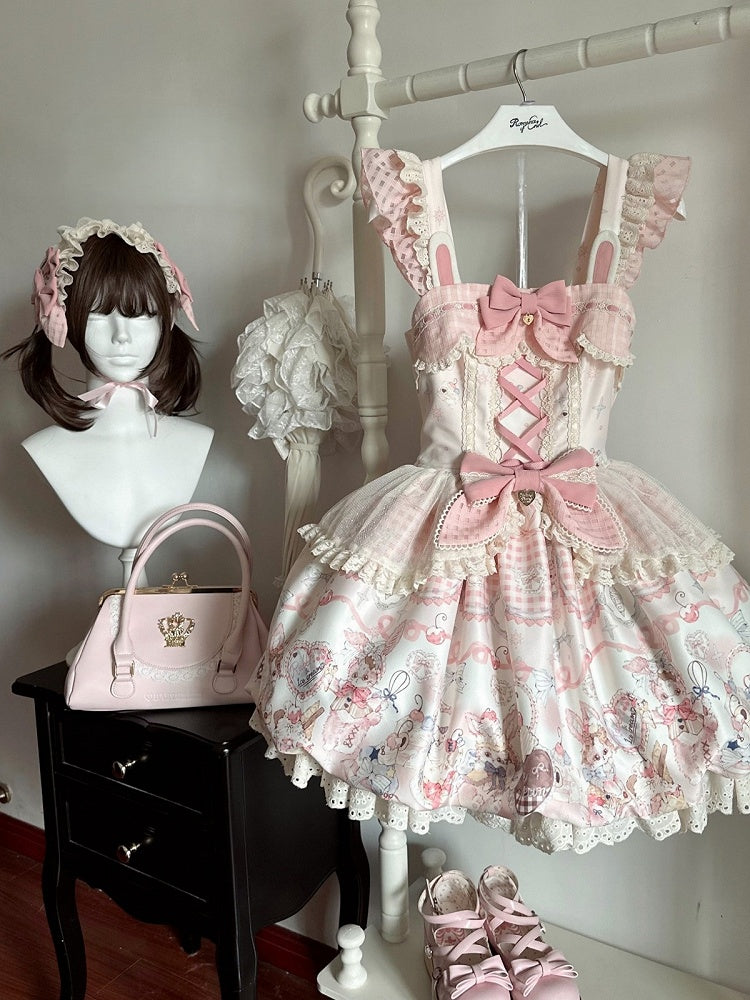 Sweet Bubble JSK Dress with Pink Bunny Cake Print, Lace & Bow Accents - Rose Weaving Poetry