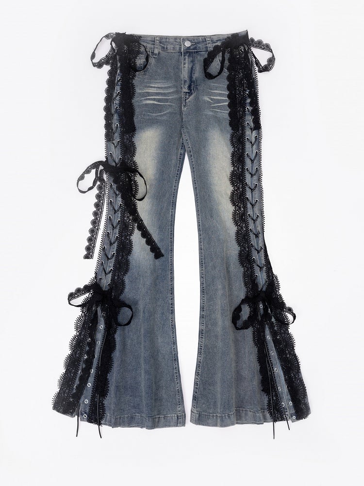 Trim Jeans Lace Blue Bittersweet Detail Flare Glamorous Side Silhouette Lace-up