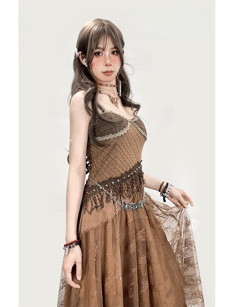 Millard Fashion Wasteland Punk Vintage Brown V-neck Floral Trim Glamorous Cami Dress With Overlay