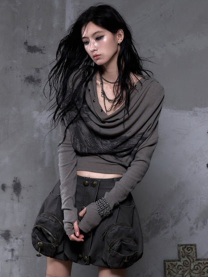 Cowl Wasteland Wing Punk Studded Convertible Print Gray Hoodie Off-Shoulder Neck Brown with Design