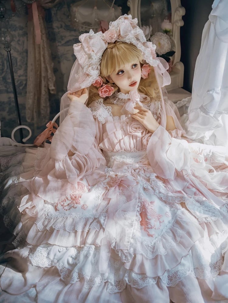 Version JSK Dress Hanayome Lolita Accents Pink with Light Short Flowing Ruffles Rose Layered