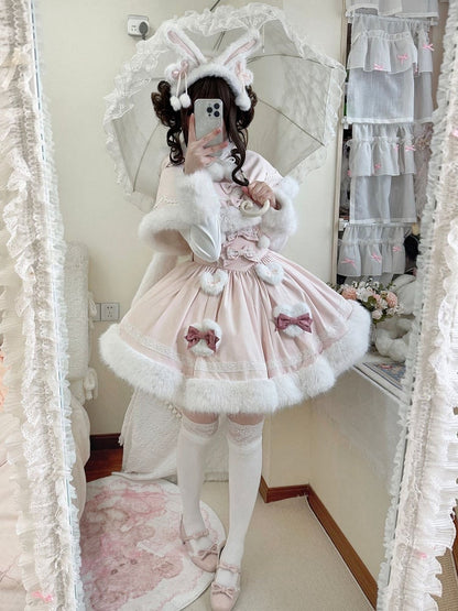 with Lolita Accents Plush Green Mint Pink Winter Bow / Sweet JSK Dress and Hemline